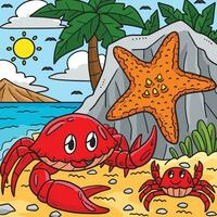 Summer Crabs and Starfish on Shore Colored Cartoon vector