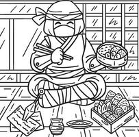 Ninja Eating Bento Coloring Page for Kids vector