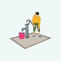 The boy filling water from water pump. Water pump vector