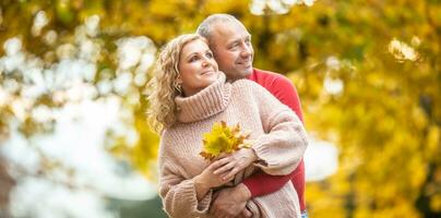 Leaf peeping by a couple in love in vibrant colorful nature photo