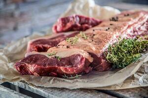 Raw rib eye beef steak with salt spices and herbs photo