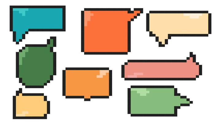 Pixelated colored speech bubble. Geometric text pixel dialog boxes.