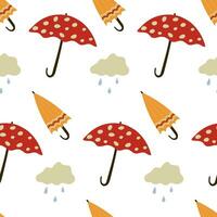 Fall seamless pattern. print with rain, clouds and umbrellas. hand drawn autumn weather illustration. vector