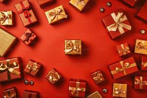 ai generativo el muchos rojo Navidad regalos en de madera antecedentes foto