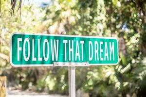 Motivational quote saying Follow That Dream on a sign next to a road in the nature photo