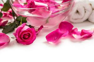 Pink roses petals in bowl with towels and pure water over white.. Spa and wellness concept photo