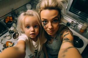 AI Generative family mother and child daughter are preparing for Halloween and decorate the house photo