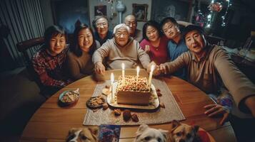 AI Generative Happy big caucasian family wearing party hats celebrating grandfathers birthday indoors happy elderly man grandpa holding cake with lit candles receiving congratulationg during cel photo