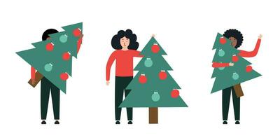 Happy people in different poses holding a Christmas tree. Waiting for the New Year holidays vector