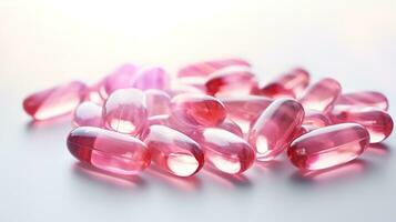 rosado vitaminas cápsulas en un blanco antecedentes. foto
