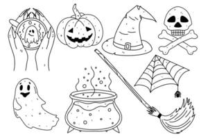 Set of Halloween elements. Hand drawn doodle style. Vector illustration isolated on white. Coloring page.