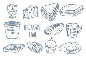 Set of Breakfast time. Hand drawn doodle style. Vector illustration isolated on white. Coloring page.