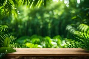 un rústico madera mesa para producto monitor Bosquejo en el medio de un naturaleza prefabricado antecedentes foto