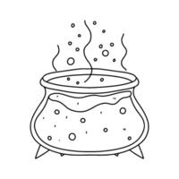 Cauldron with boiled potion and bubbles. Halloween element. Hand drawn doodle style. Vector illustration isolated on white. Coloring page.