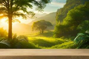 A rustic wood table for product display mockup in the middle of a nature Premade background photo