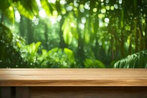 A rustic wood table for product display mockup in the middle of a nature Premade background photo