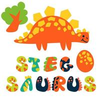 A cartoon stegosaurus with a signed view. Cute children's bright illustration on a white background for printing on postcards. Lettering dino font and elements of the tropics vector