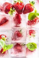 Three rows of ice cubes with strawberries - Top of view photo
