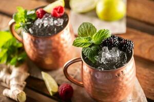 Moscow Berry Mule highball vodka cocktail is a long drink with fresh lime juice, ginger beer and berries photo