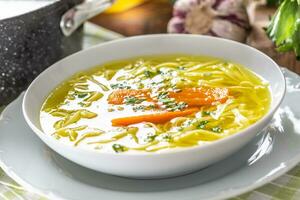 Chicken soup broth in a plate carrot onion celery herbs garlic and fresh vegetables photo
