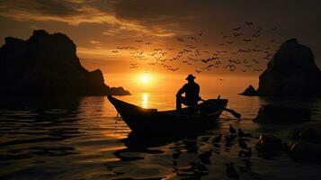 In Progresso Mexico fishermen on a small boat are silhouetted against strong backlight with a neotropic cormorant perched on rocks nearby photo