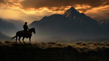 vaquero en lado de caballo antes de el puente montañas en Montana a amanecer. silueta concepto foto