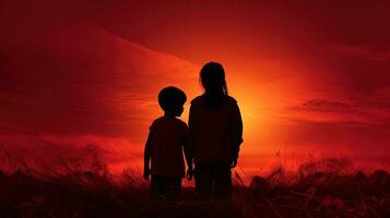 dos niños contornos en frente de rojo cielo y césped. silueta concepto foto