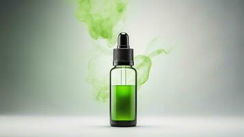 Green e liquid advertisement showing bottle on white background with space for text. silhouette concept photo