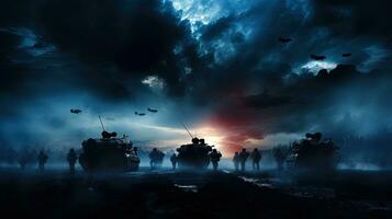 Silhouetted soldiers in a foggy sky below a cloudy skyline at night engaged in battle Armored vehicles included photo