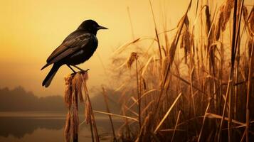 Blackbird on a cattail shadow. silhouette concept photo