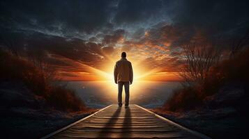 Man standing at the path s end at sunset with a silhouette photo