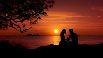 Couple s silhouette picnicking seaside photo