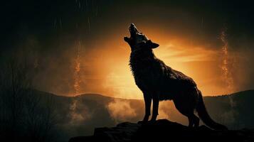 Silhouetted wolf howling at full moon in foggy background Halloween horror concept photo