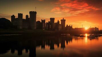 Sunset view of Caernarfon Castle in North Wales. silhouette concept photo
