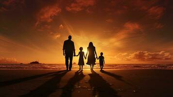 Silhouetted family enjoying beach on a sunny day photo