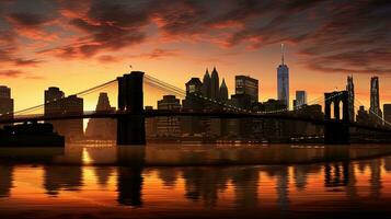 Early morning panorama of the New York City skyline with the Brooklyn Bridge silhouetted photo