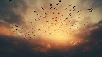 aves en el cielo creando un señal forma. silueta concepto foto