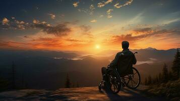 silla de ruedas usuario disfrutando puesta de sol en escénico montaña. silueta concepto foto
