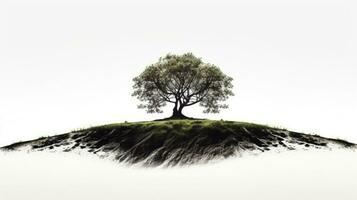 Solitary bare tree with hillside roots on white background. silhouette concept photo