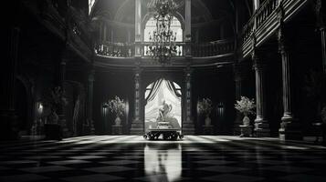 The aged opulent palace hall with monochrome tones. silhouette concept photo