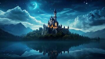 hermosa castillo debajo de luna cielo en hada cuento. silueta concepto foto
