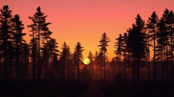 Sunset casting tree silhouettes in Scandinavian forest pink and yellow hues photo