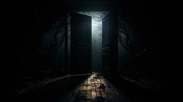 Halloween themed room with an open door in darkness. silhouette concept photo