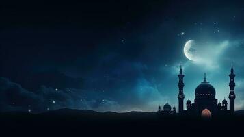 Mosques with Dome and Crescent representing Islamic traditions and celebrations on a twilight sky with space for arabic text symbolizing Ramadan Eid al Adha Eid a. silhouette concept photo