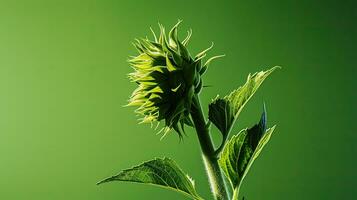 Minimal flower arrangement with sunflower bud cast in artistic shadow against a green backdrop. silhouette concept photo