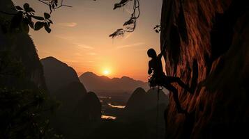 Climbing woman s silhouette in Railey Thailand photo