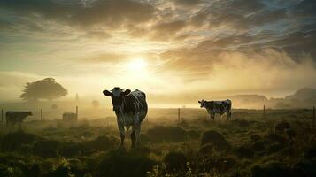 lechería vacas en rural Irlanda pasto a amanecer en un brumoso prado. silueta concepto foto