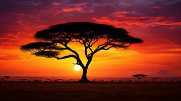 silueta de africano arboles en contra un maravilloso puesta de sol foto