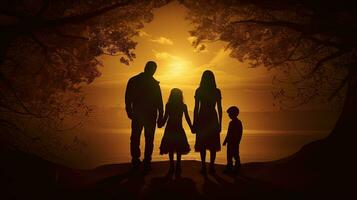 silueta de familia con niños en pie en frente de el puesta de sol foto