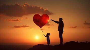 Child giving man red heart during sunset Love symbol. silhouette concept photo